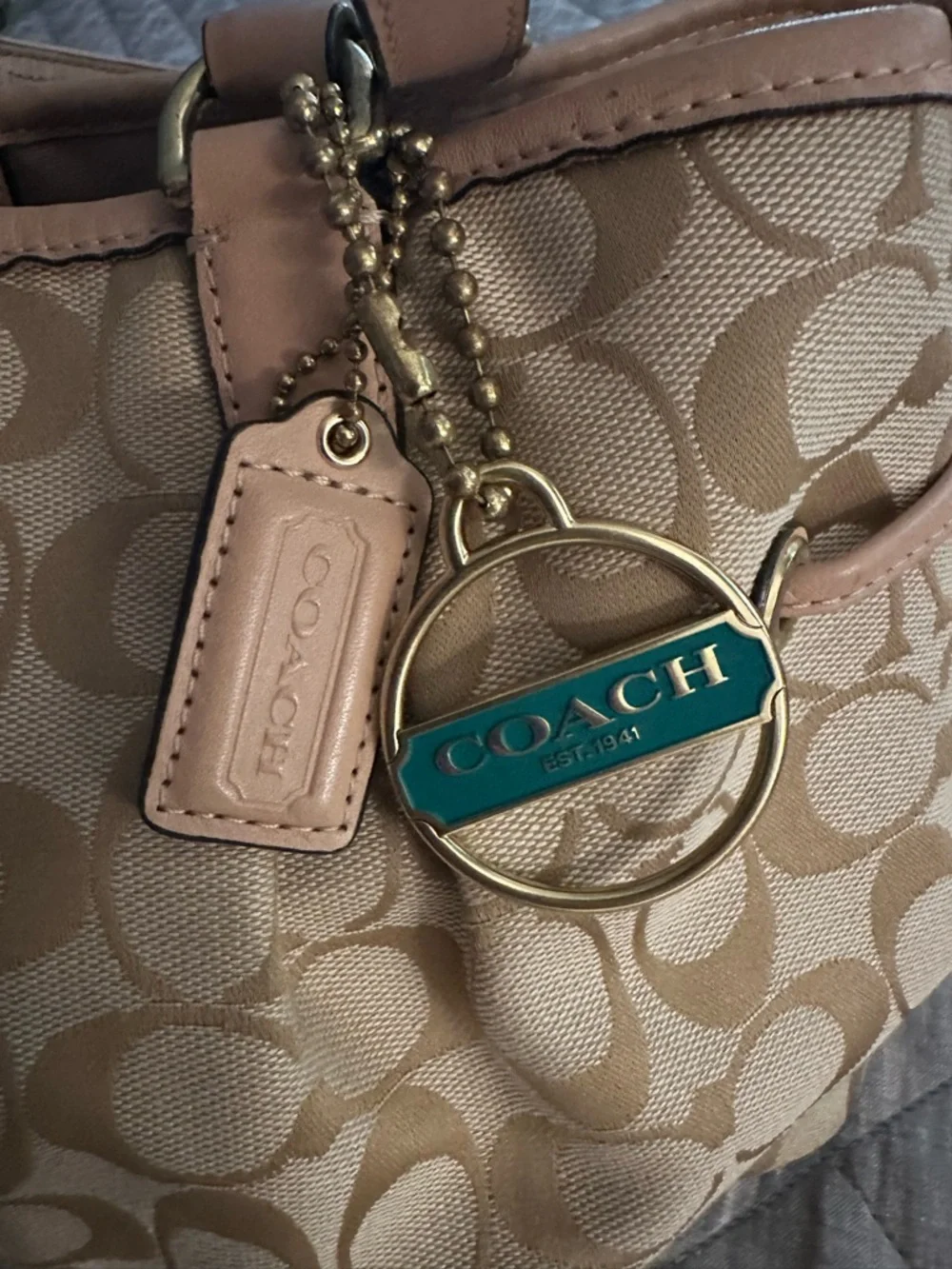 Coach Beige Signature Satchel with Teal Center Stripe - Picture 3 of 7